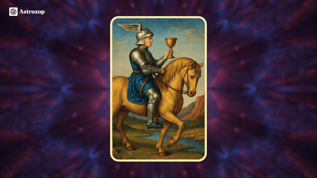 Knight of Cups tarot card showing a graceful knight holding a cup while riding a white horse