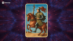 Knight of Wands tarot card showing a knight on horseback charging forward