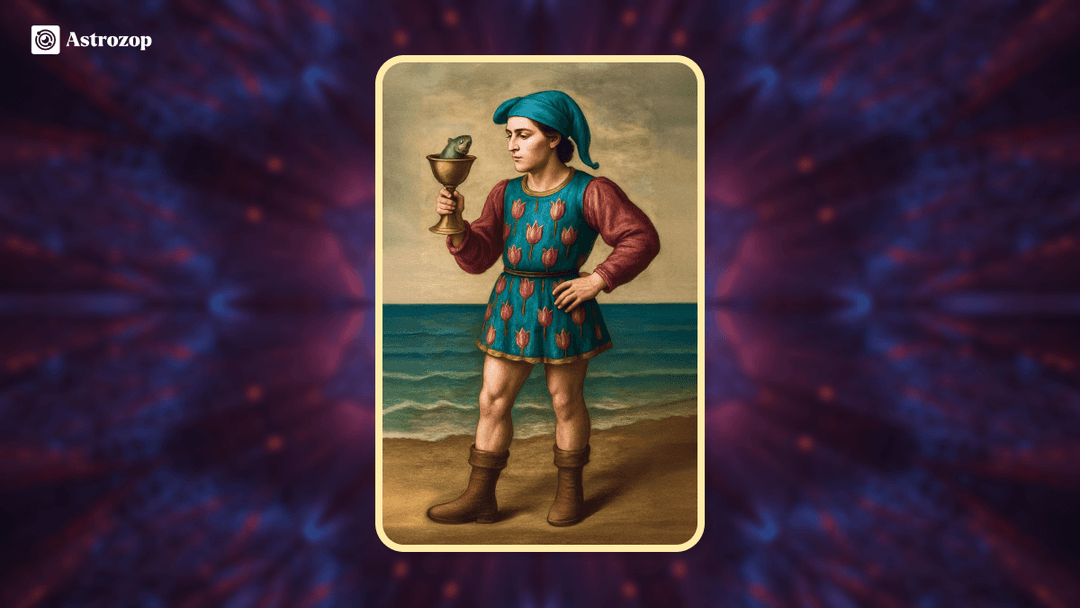 Page of Cups tarot card showing a young man holding a cup with a fish peeking out