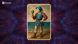 Page of Cups tarot card showing a young man holding a cup with a fish peeking out
