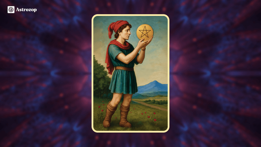 Page of Pentacles tarot card showing a young man holding a golden pentacle