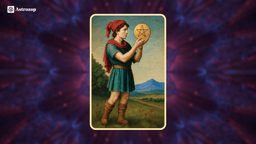 Page of Pentacles tarot card showing a young man holding a golden pentacle