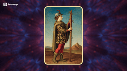 Page of Wands tarot card showing a young traveller holding a wand with curiosity and enthusiasm