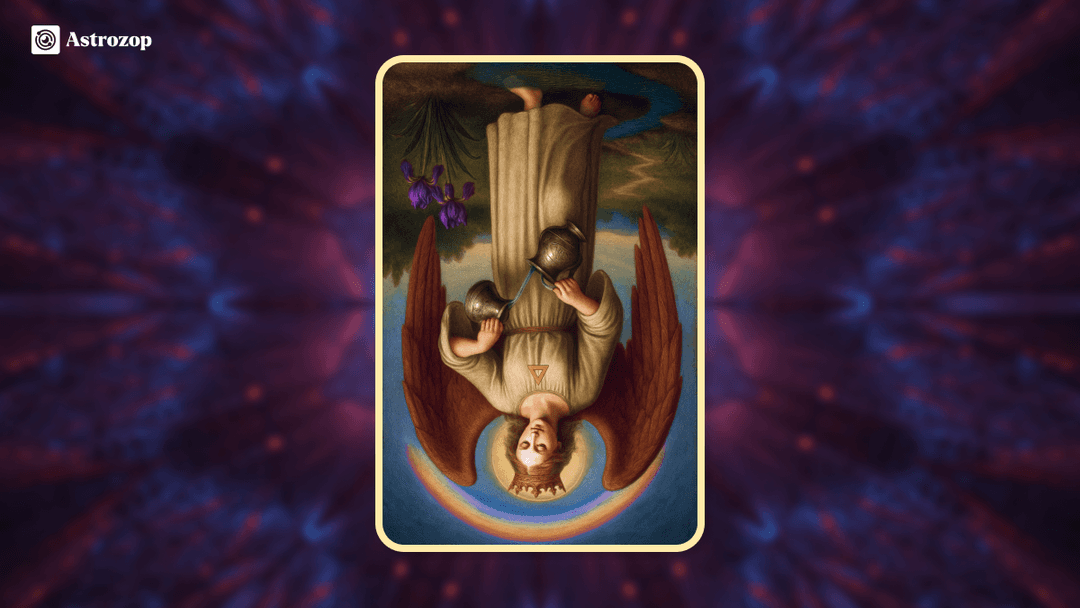 Reversed Temperance Tarot card image showing an angel with two cups.