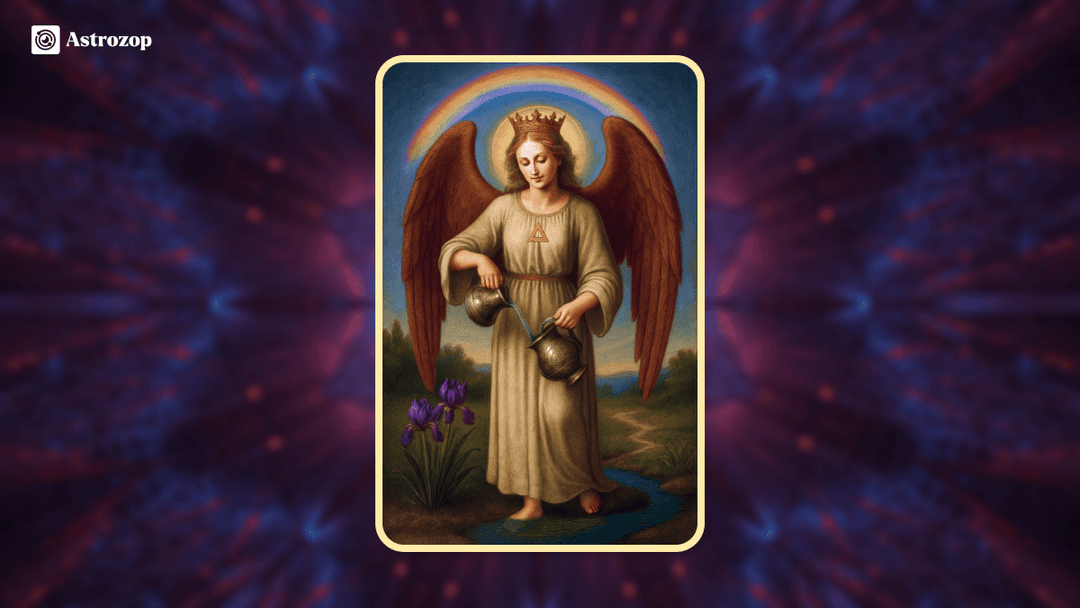 Temperance tarot card showing an angel pouring water between two cups.