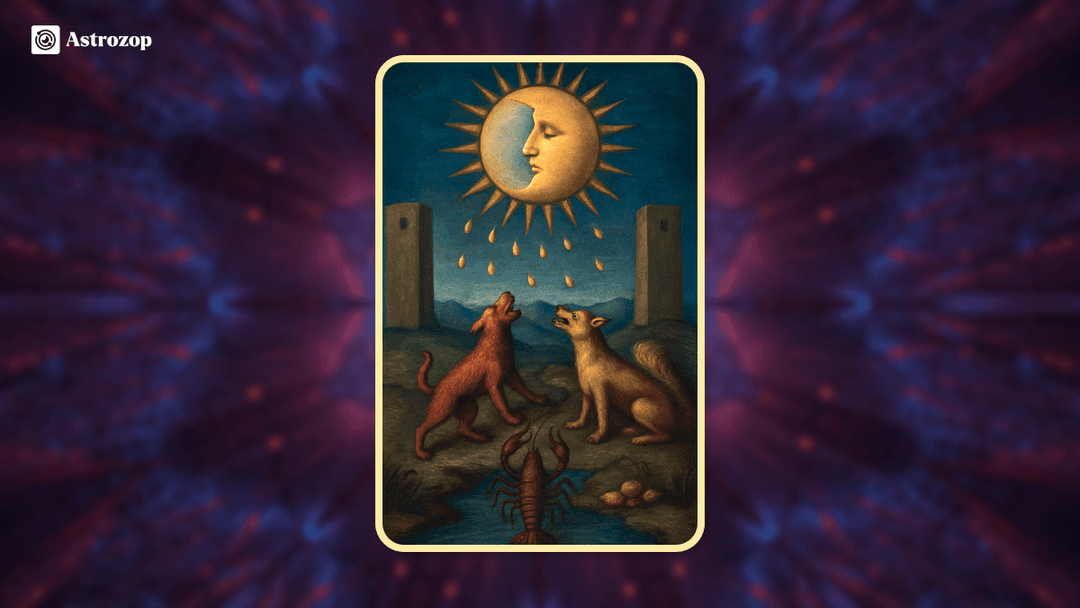 The Moon tarot card showing a wolf and a dog howling at the moon.