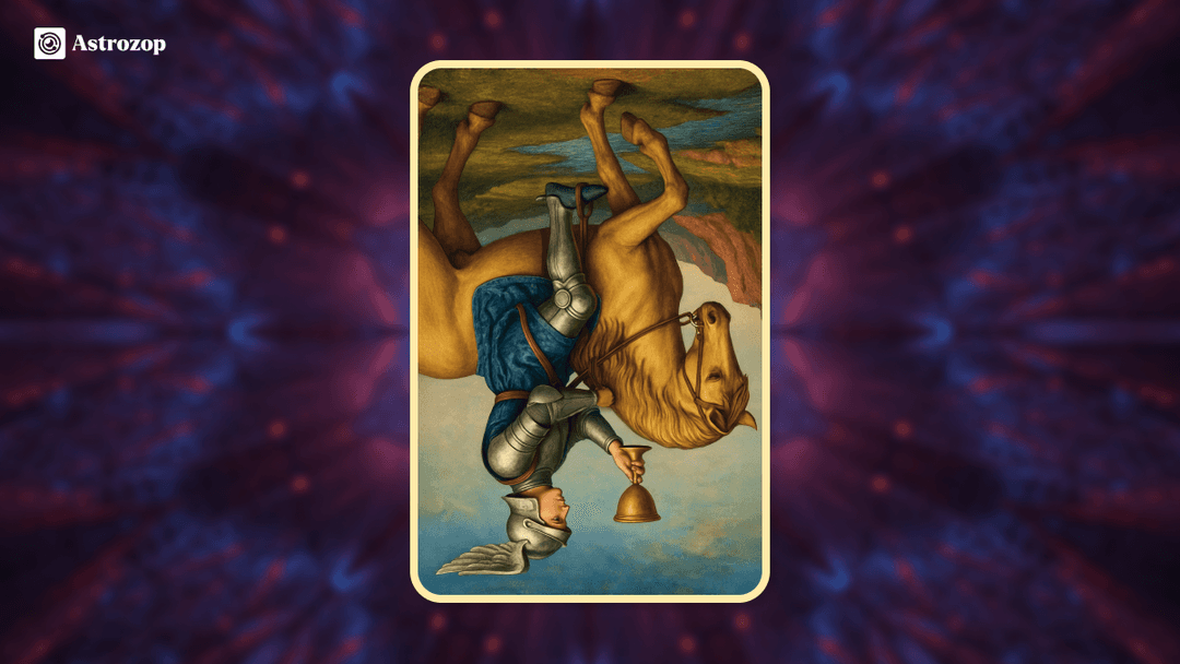 Reversed Knight of Cups tarot card showing the knight upside down with his cup