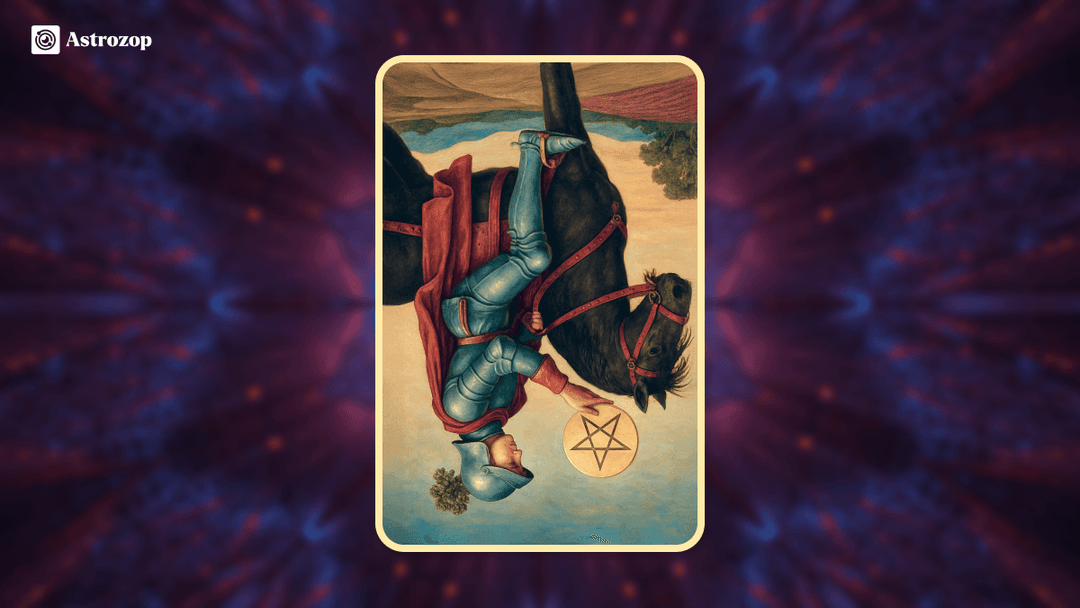 Reversed Knight of Pentacles tarot card  showing a knight on a horse holding a pentacle upside down