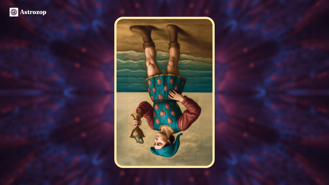 Reversed Page of Cups tarot card depicting a young man holding a cup upside down