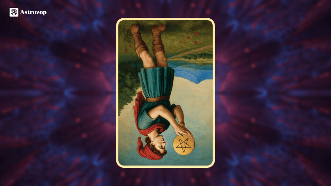 Reversed Page of Pentacles tarot card showing a young figure holding a pentacle upside down