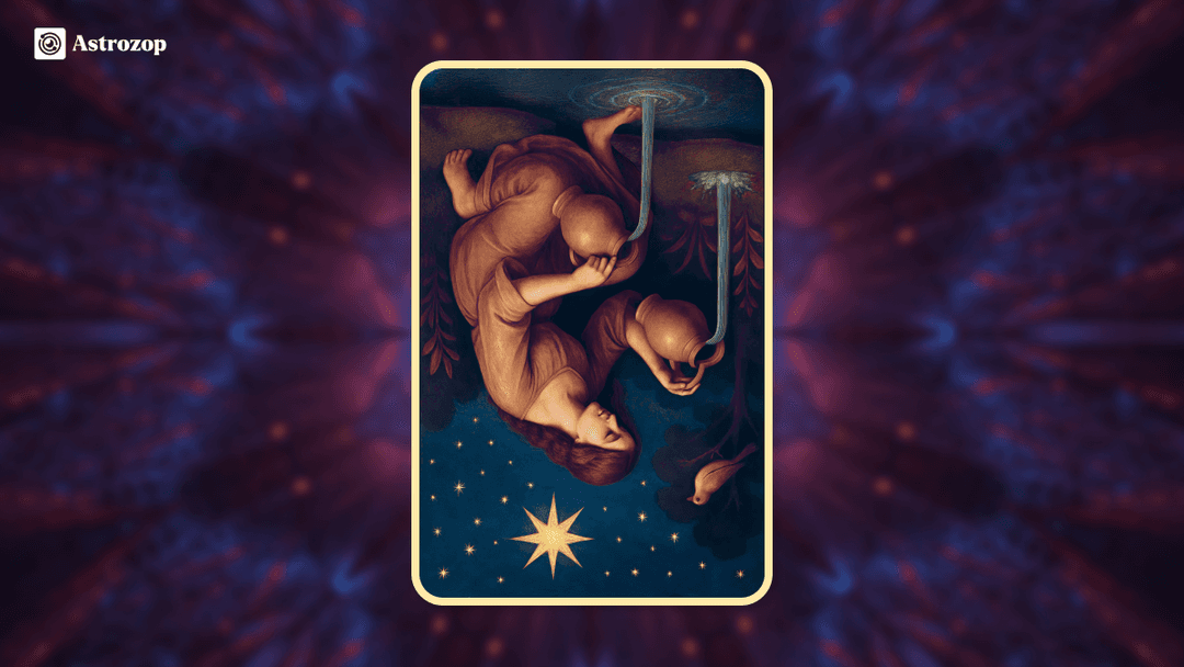 Reversed Star Tarot card featuring a woman kneeling by water under an inverted night sky