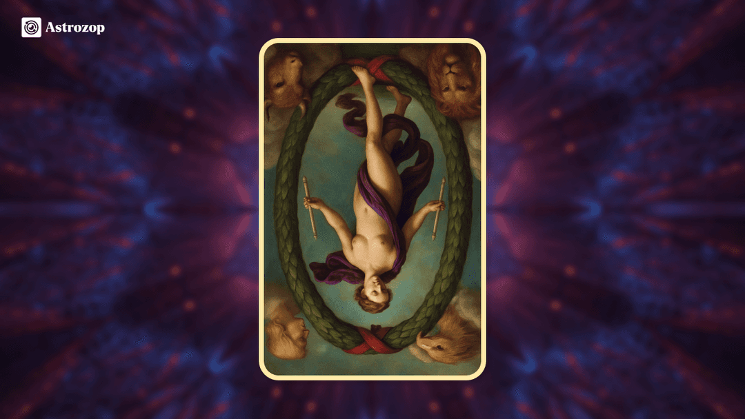 Reversed World Tarot card image with an upside-down wreath and figure