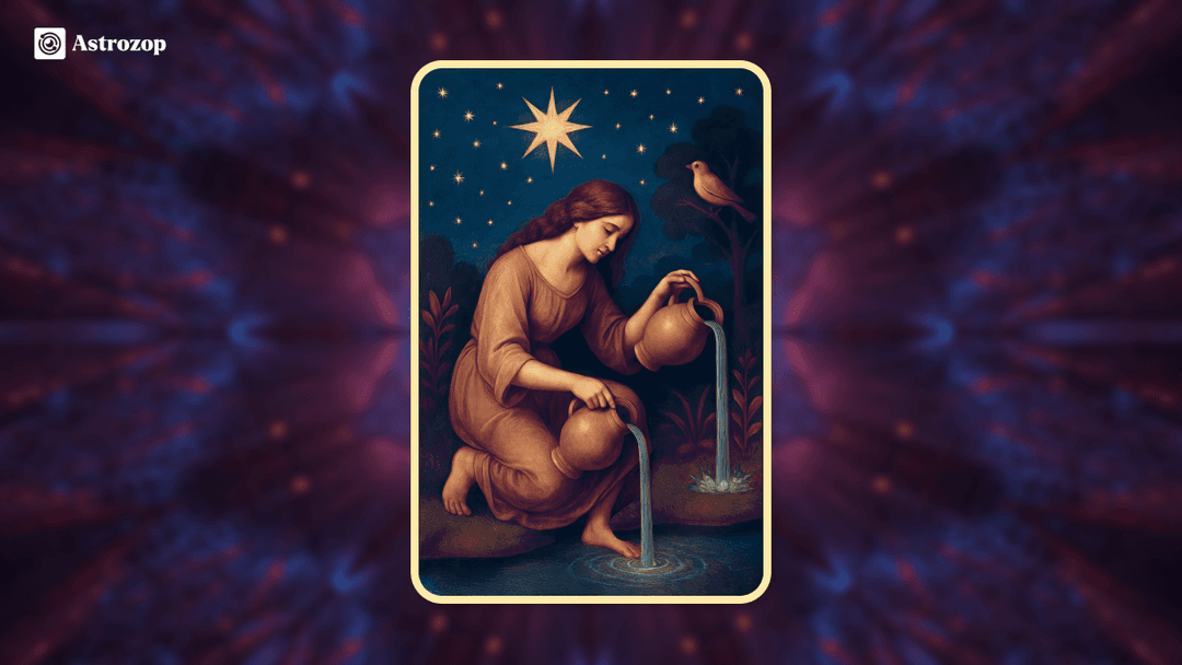 The Star tarot card showing a woman, under a starlit sky with a large radiant star above.