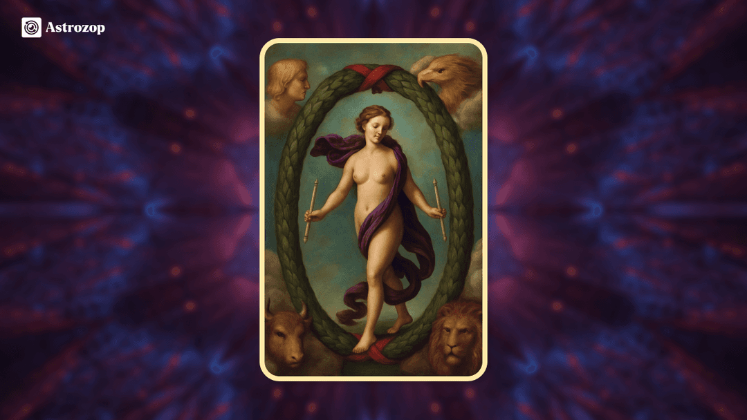 The World tarot card showing a dancing figure within a wreath, surrounded by four fixed zodiac signs